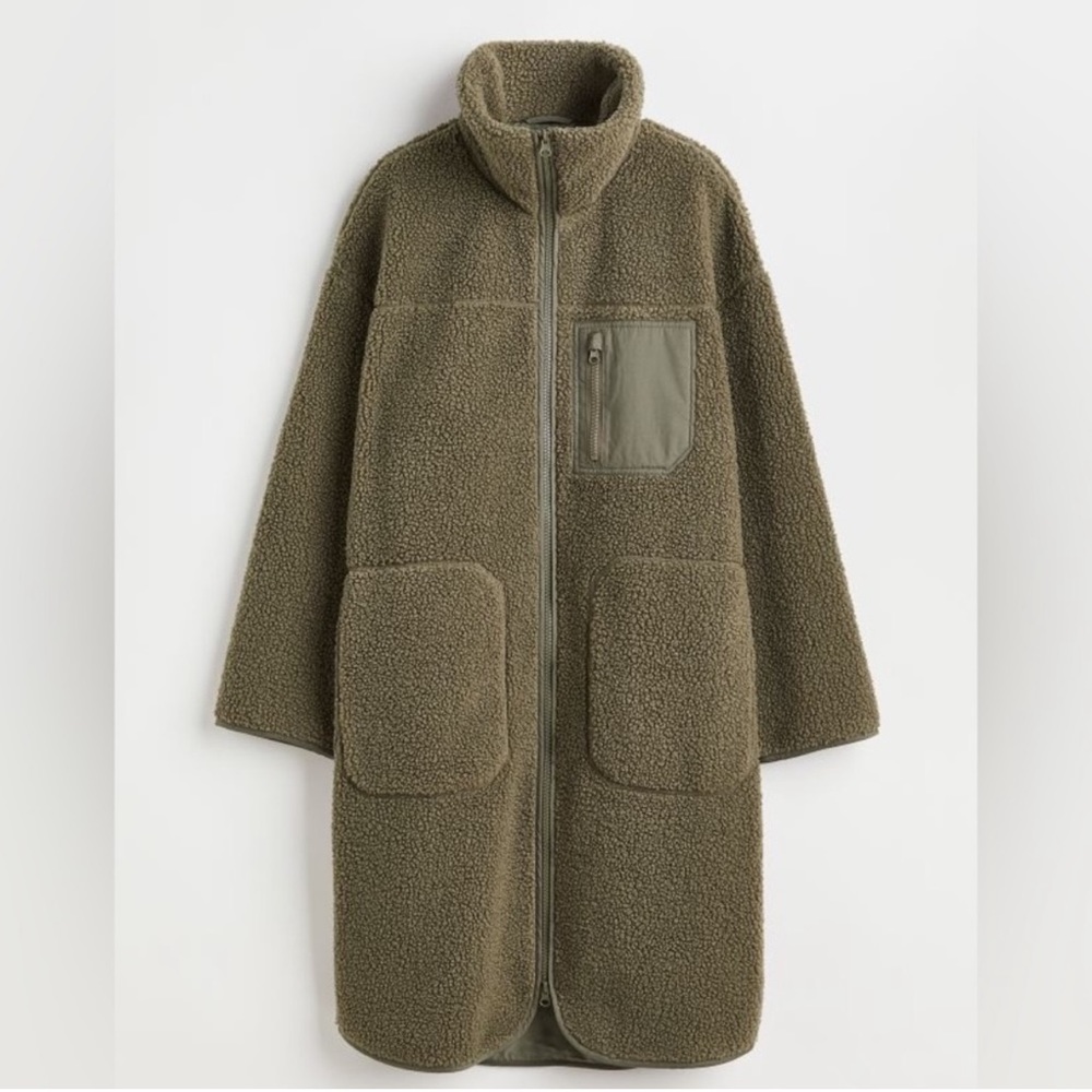 H&M Dark Khaki Green Faux Shearling oversized Teddy Jacket Size M